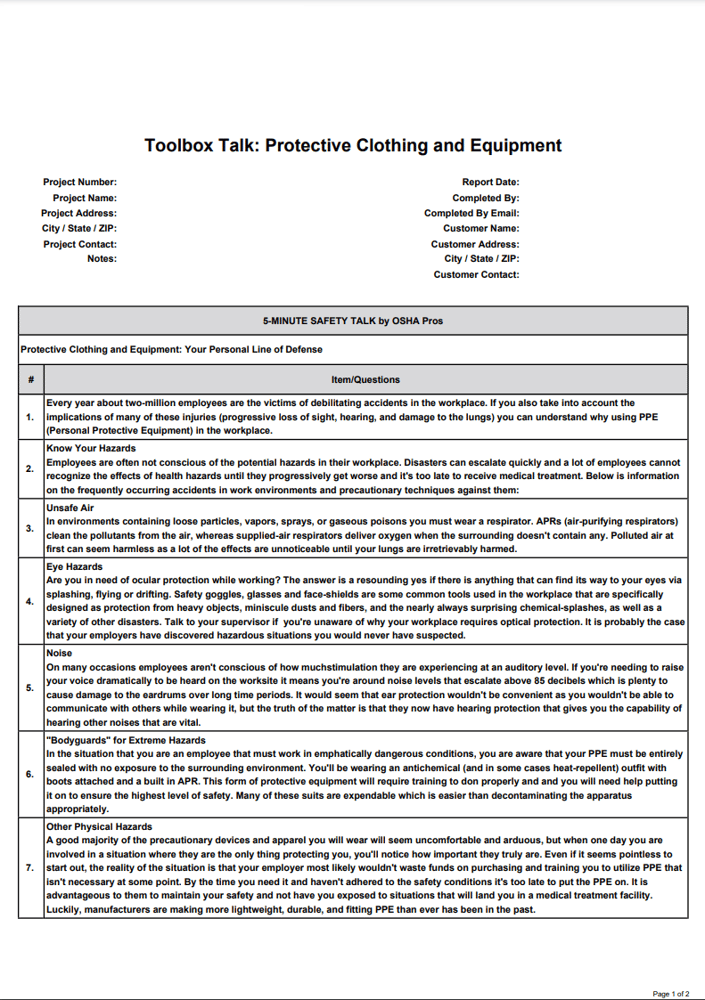 Toolbox Talk Form Template