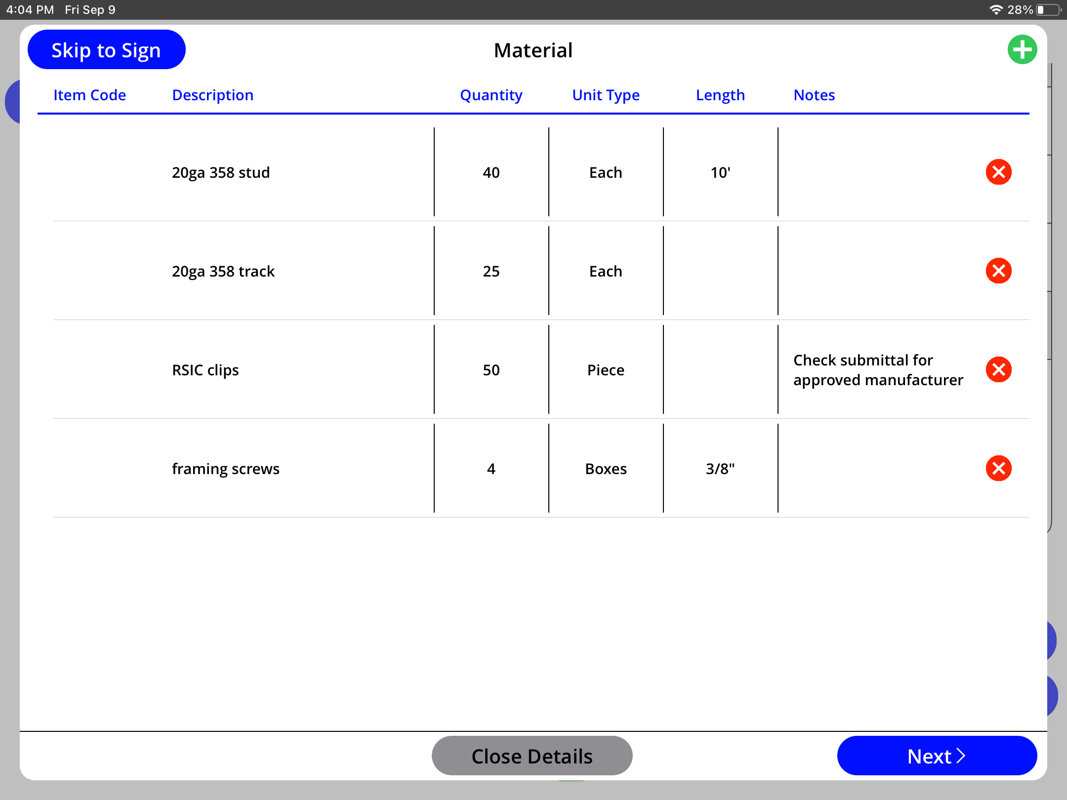Field Material Request Selections