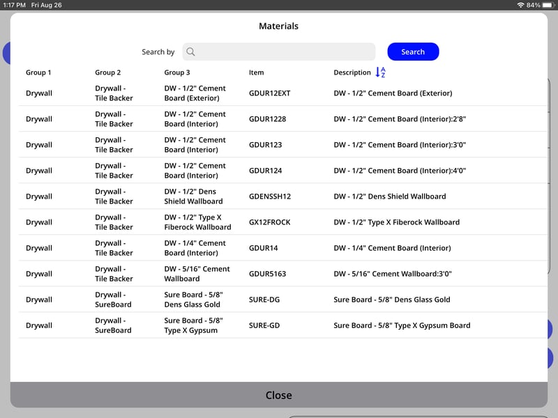 Material List on Mobile