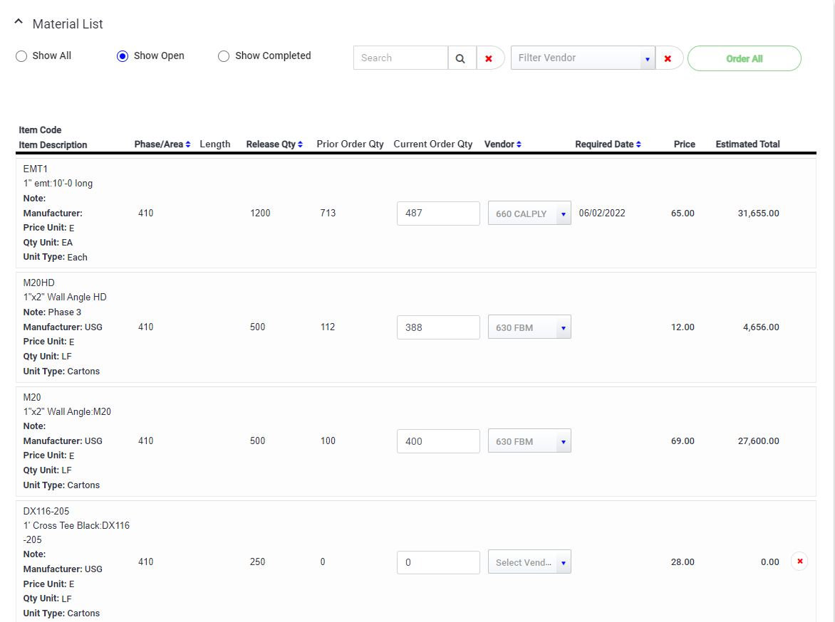 Material List for Pending and Completed Orders