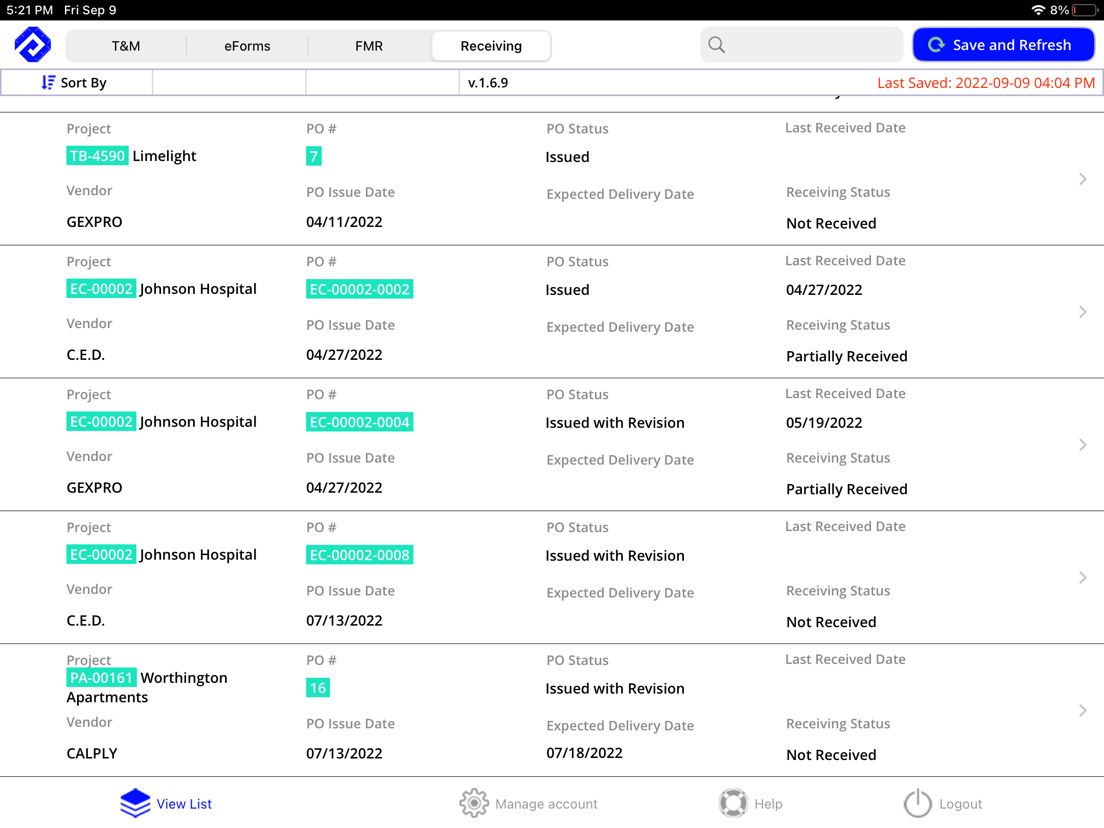 Receiving Mobile Dashboard