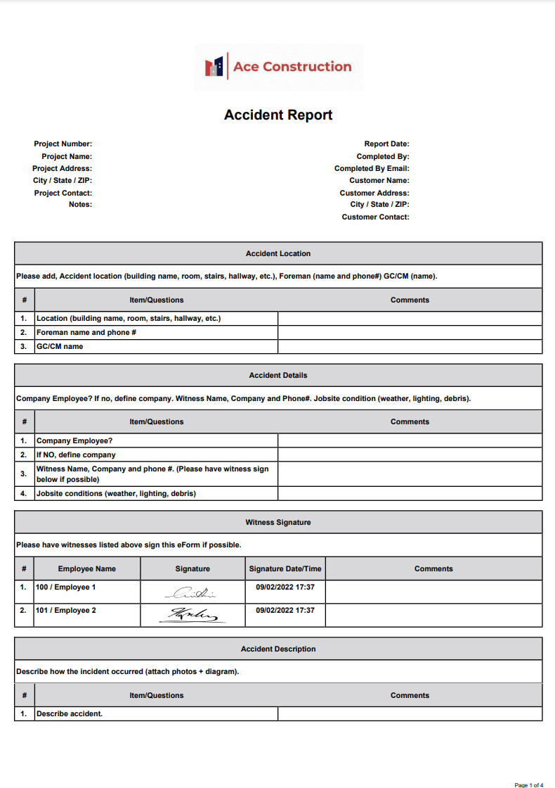 Example of PeerAssist's  Accident Report